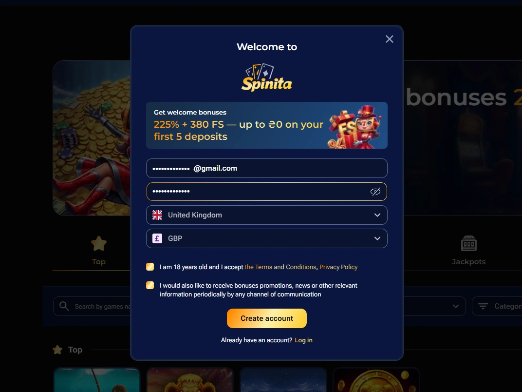 Registration modal with email, password fields, United Kingdom country and GBP currency selected