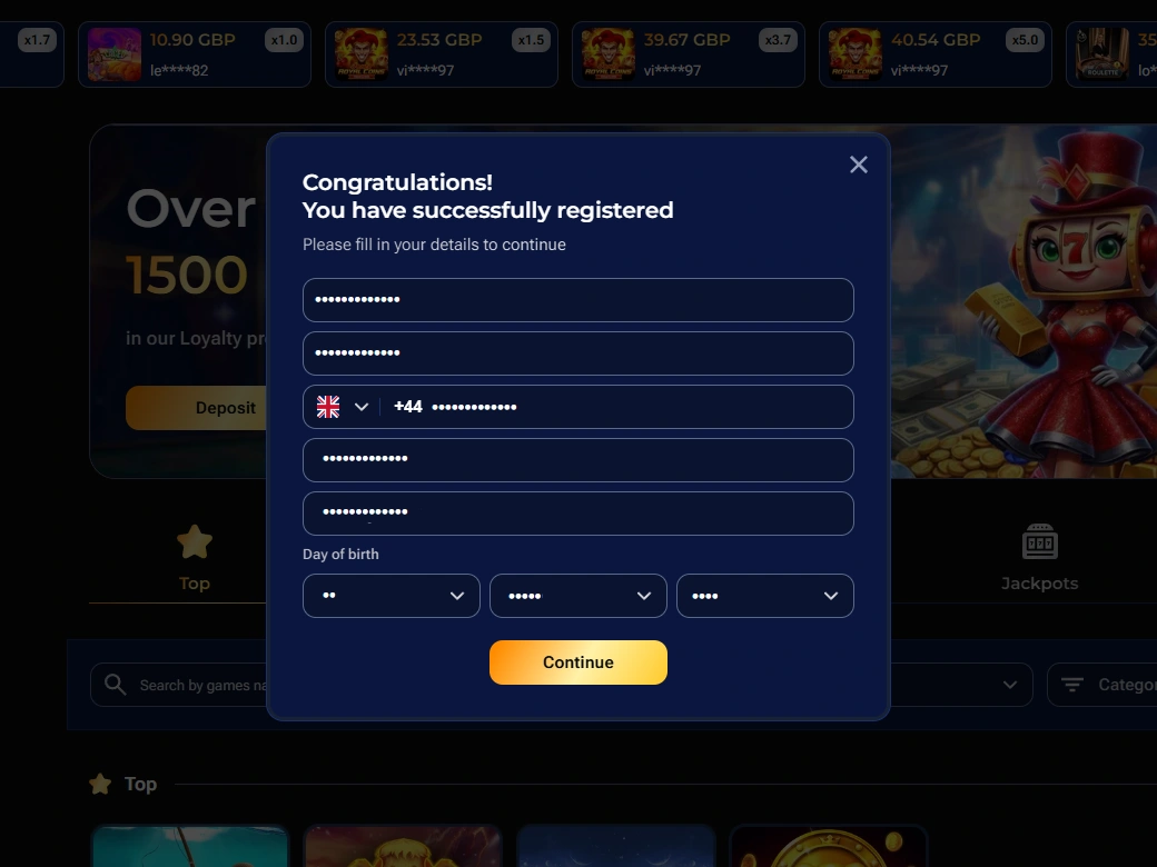 Personal details form with UK phone code, date of birth dropdowns and Continue button