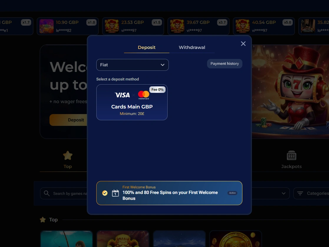 Deposit cashier showing Fiat tab, Visa and Mastercard options and 100% welcome bonus